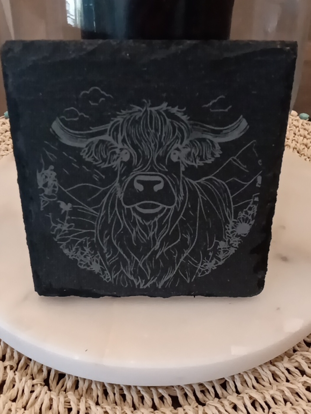 Engraved Designs By Bluemoon. Highland Cow Slate Coaster Tray - Black. Set Of 4.